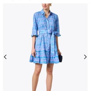 Preppy Halsbrook Bella Tu Blue Print Embroidered Shirt Dress